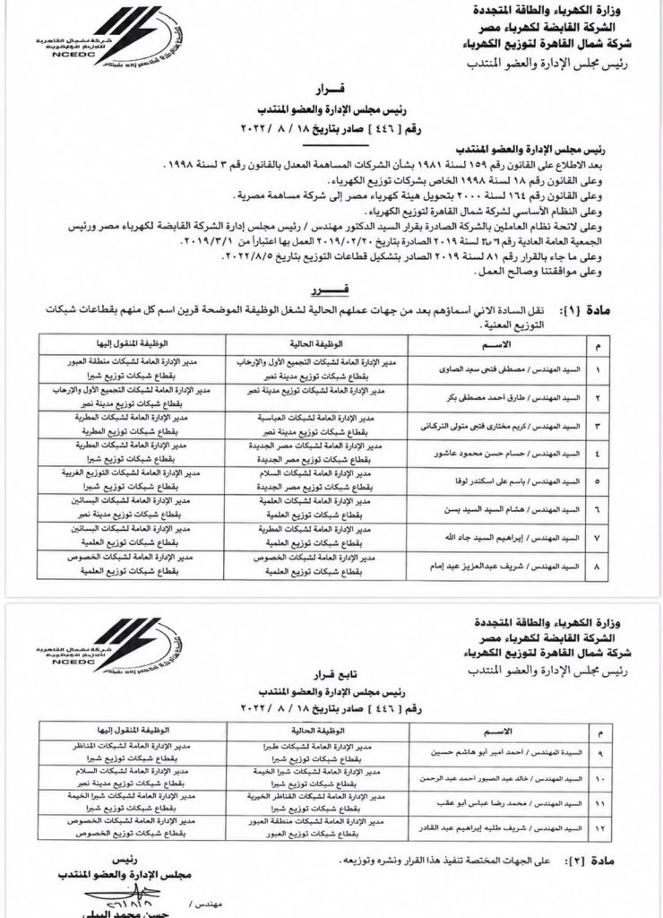 صورة من قرار المهندس حسن البيلي الخاص بحركة التنقلات بين مديري العموم 