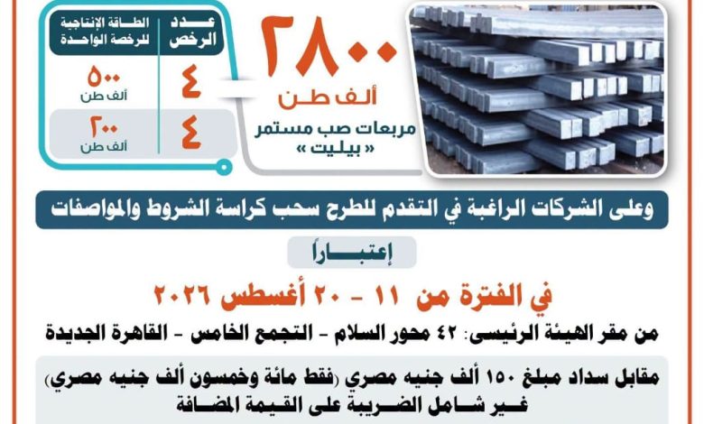 الصناعة تعلن طرح 8 رخص لإنتاج خام بيليت بطاقة إنتاجية 2800 سنويا
