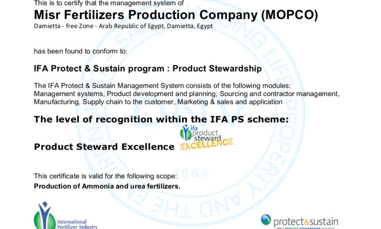 الاتحاد العربي للأسمدة يهنئ «موبكو» بحصولها على شهادة IFA Protect & Sustain